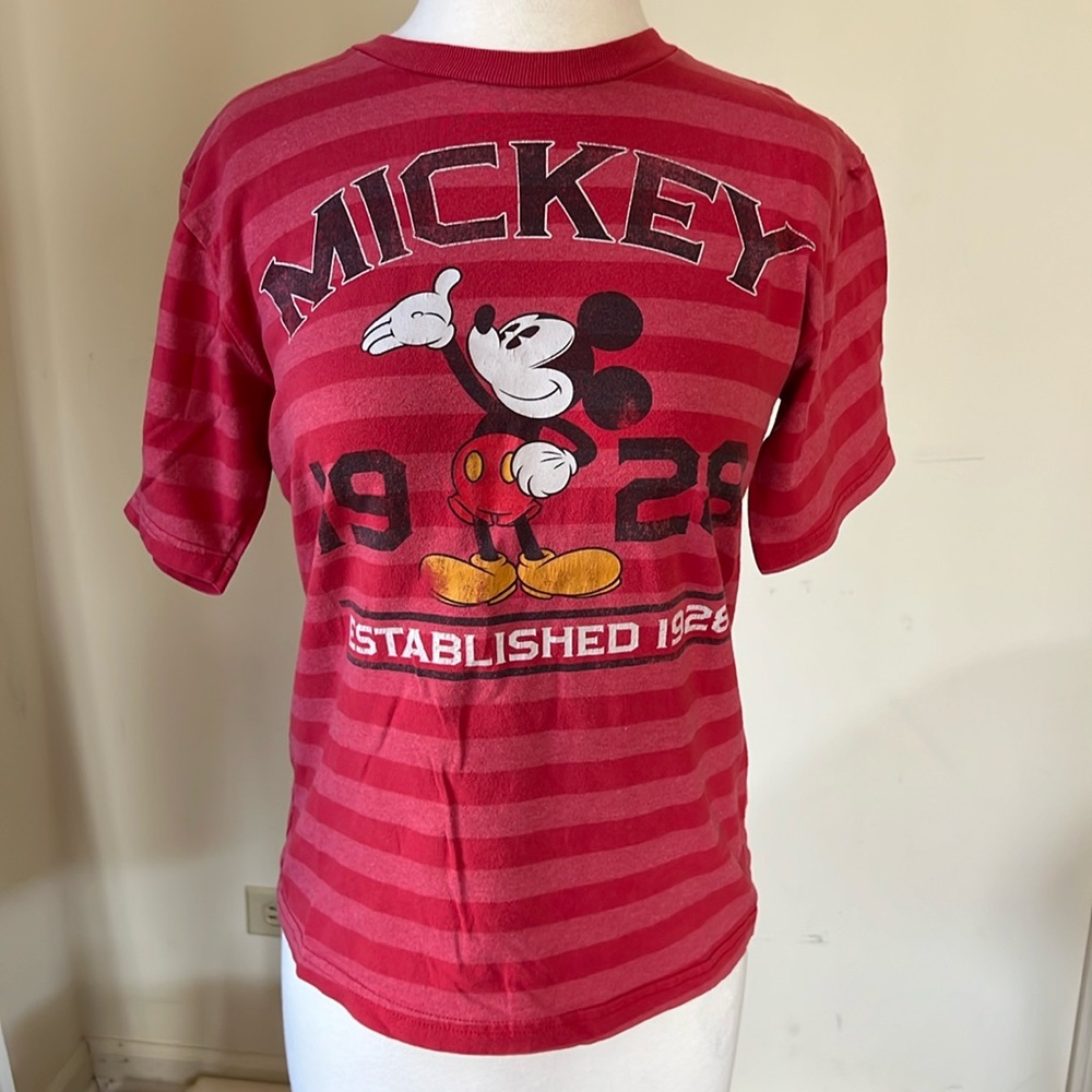 DISNEY Mickey Mouse Graphic Kids Red Striped Crew Neck Short Sleeve L 10/12
